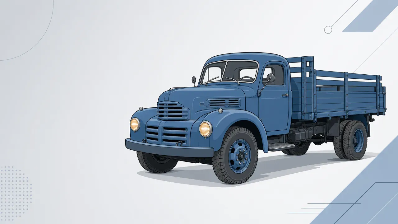 旧車・ヴィンテージカテゴリのカバー画像。1950〜1960年代の日本のクラシックボンネットトラックを右寄りに配置し、左側はテキストオーバーレイ用の安全域。スチールブルーとウォームアンバーの限定パレットで、ノスタルジックかつ実務的な編集部調のイラスト。