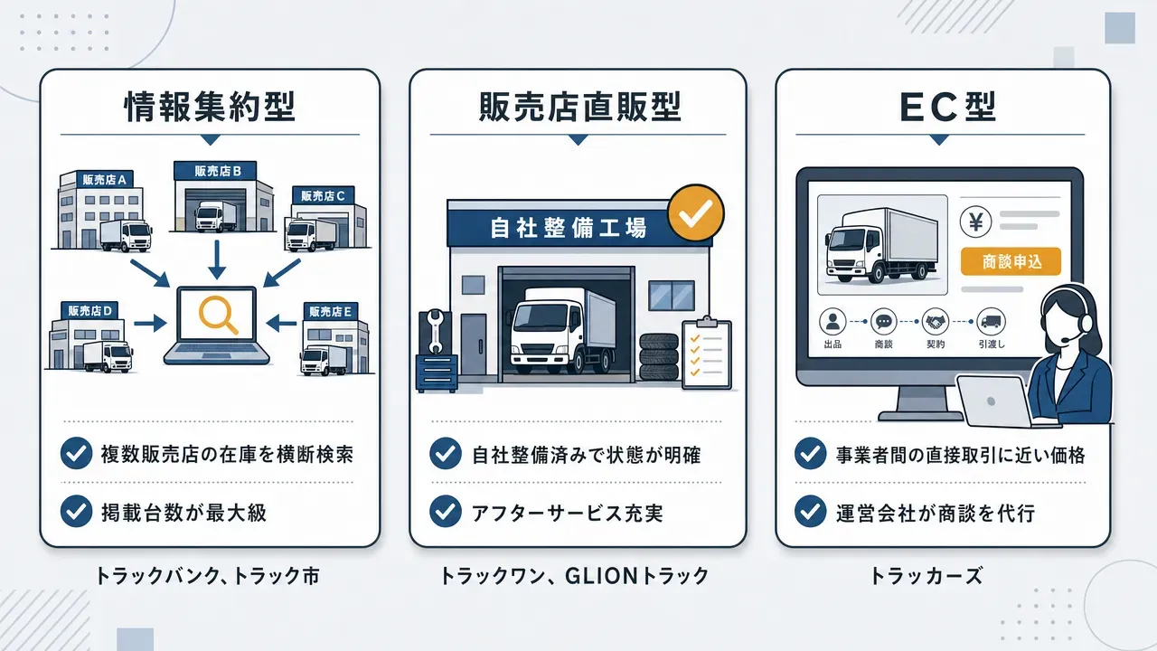 中古トラック検索サイトの3タイプ分類図。情報集約型（複数販売店の在庫を横断検索、掲載台数が最大級）、販売店直販型（自社整備済みで状態が明確、アフターサービス充実）、EC型（事業者間の直接取引に近い価格、運営会社が商談を代行）を横並びで比較。