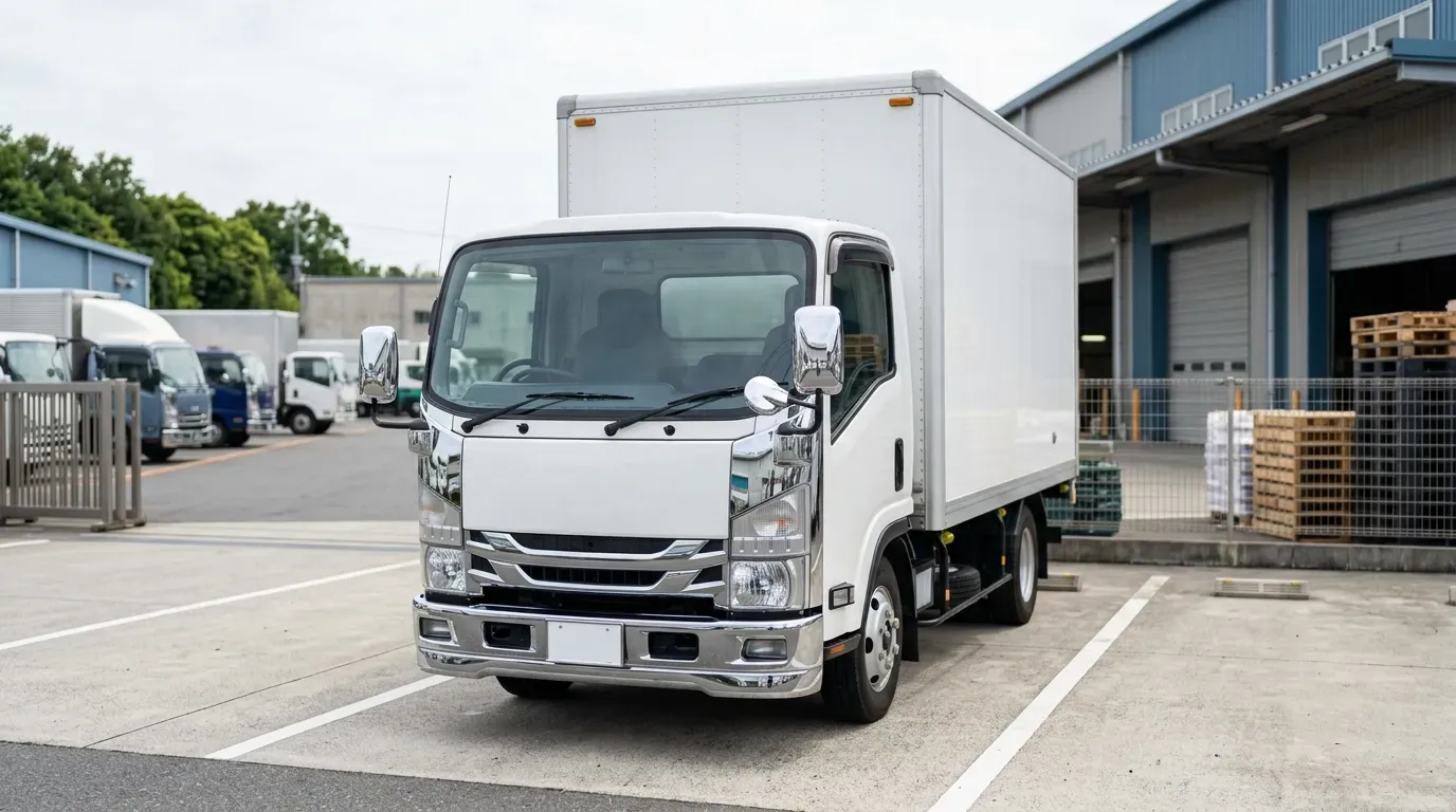 メッキパーツを装着した小型トラックの外観。フロントグリル、バンパー、ミラーカバーがクロムメッキ仕上げとなり、鏡面光沢によって高級感と清潔感のある仕上がり。物流ヤードに駐車した実務的な情景。