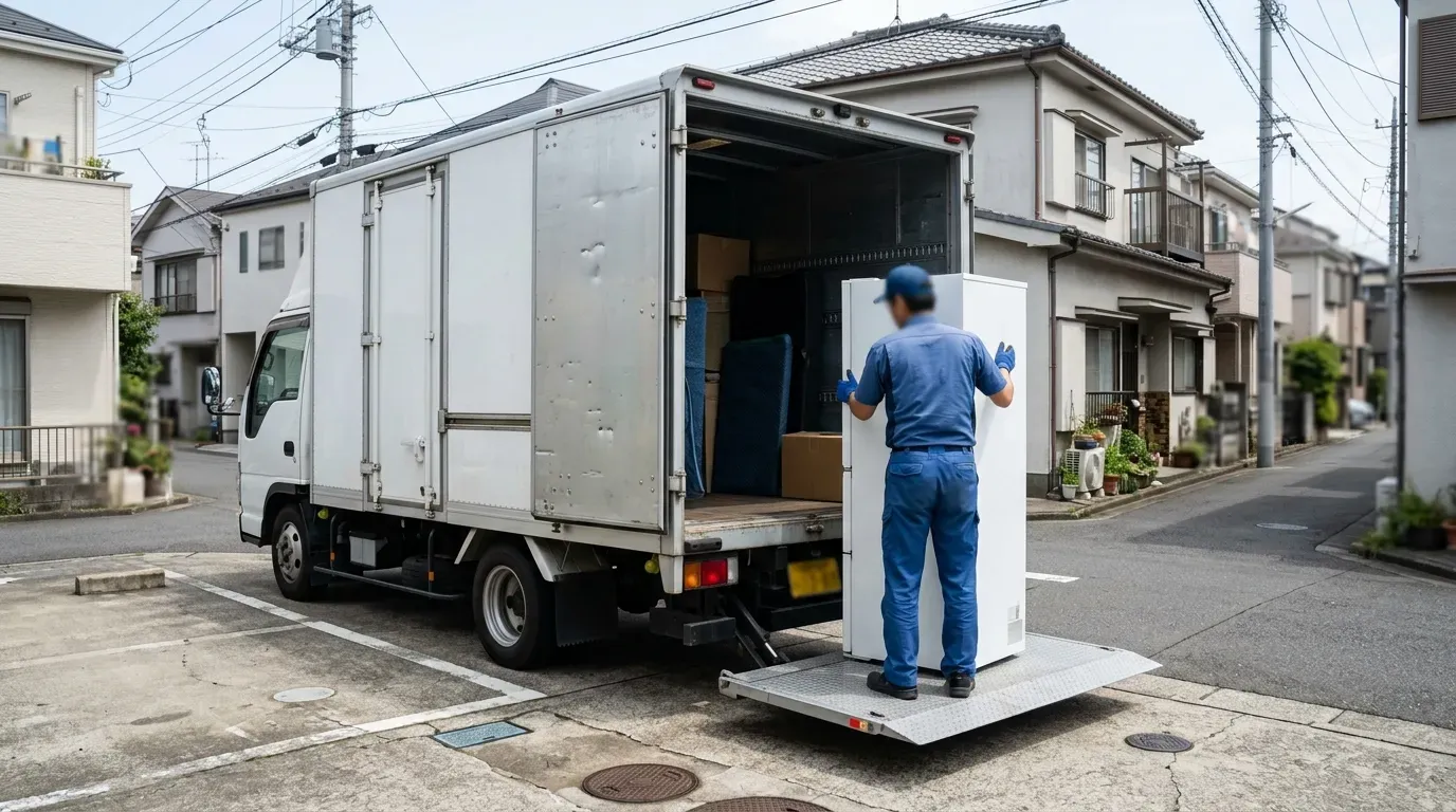 引越し業の2tバン型トラックが住宅街に停車し、パワーゲートで冷蔵庫を降ろしている作業風景。白いアルミバン型の箱車で背面観音ドアが開いている。