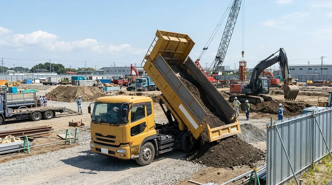 建設現場で土砂を排出中のダンプトラック。土木工事や現場での実際の使用シーン。