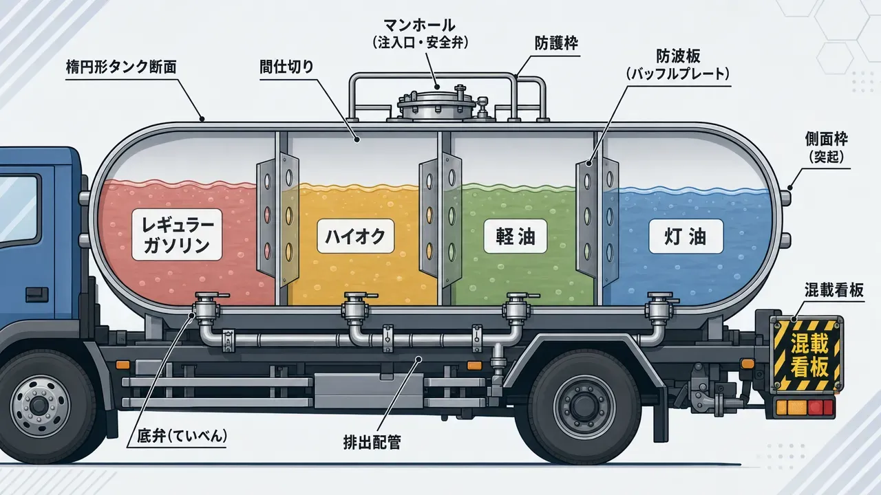 タンクローリーのタンク内部断面図。楕円形タンクが仕切り板で4室に分割され、各室内の防波板・上部マンホールと防護枠・側面の側面枠・底部の底弁と排出配管を示す。