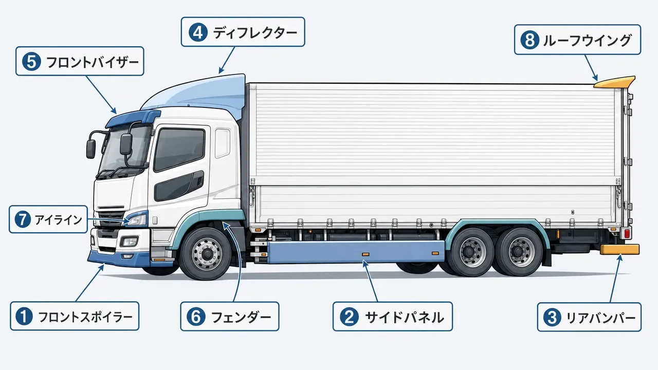 トラック側面図によるエアロパーツ取り付け位置の説明図。①フロントスポイラー②サイドパネル③リアバンパー④ディフレクター⑤フロントバイザー⑥フェンダー⑦アイライン⑧ルーフウイングの8か所を色分けと引き出し線で表示