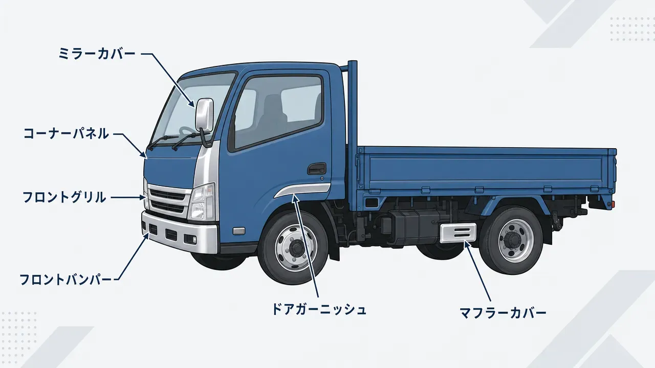 小型トラックの側面図にメッキパーツの装着位置を示した図解。フロントバンパー、フロントグリル、コーナーパネル、ミラーカバー、ドアガーニッシュ、マフラーカバーの各位置に矢印とラベルで位置関係を表示。