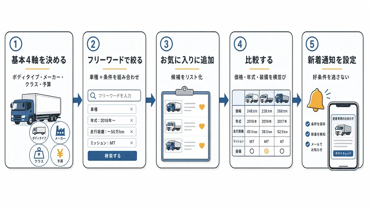 中古トラック検索の効率的な進め方を示す5ステップのフロー図。基本4軸を決める → フリーワードで絞る → お気に入りに追加 → 比較する → 新着通知を設定、の順に矢印でつなぐ。