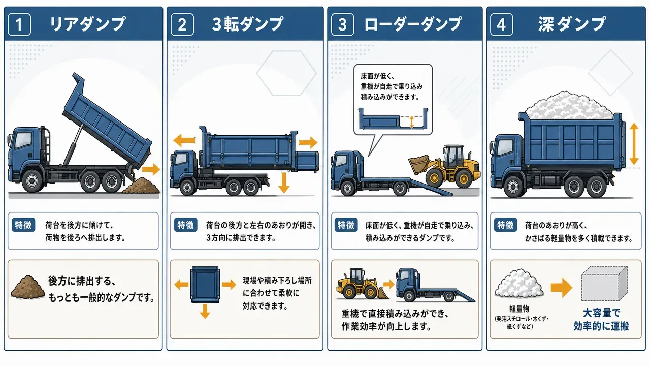 リアダンプ・3転ダンプ・ローダーダンプ・深ダンプの4種類を横並びで比較した図解。荷台構造と排出方向の違いを示す。