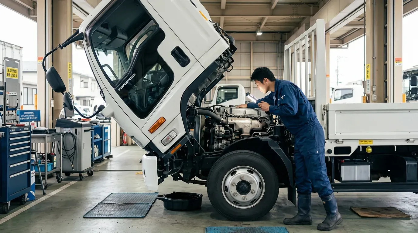 整備工場でトラックのエンジン載せ替え作業が行われている風景。クレーンで吊り上げられたエンジンが車両に搭載される様子。整備士が作業を補助している。