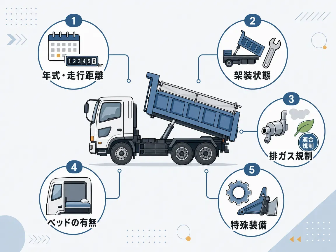 ダンプの中古価格に影響する5要素——年式・走行距離、架装状態、排ガス規制、ベッドの有無、特殊装備——を示すインフォグラフィック。