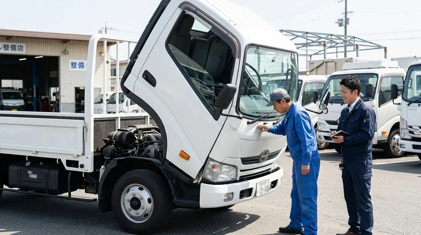 中古トラック販売店の展示場で、購入検討者がトラックのエンジンルームを開けて現車確認をしている情景。晴天の屋外、整備されたトラックが並ぶ展示場。