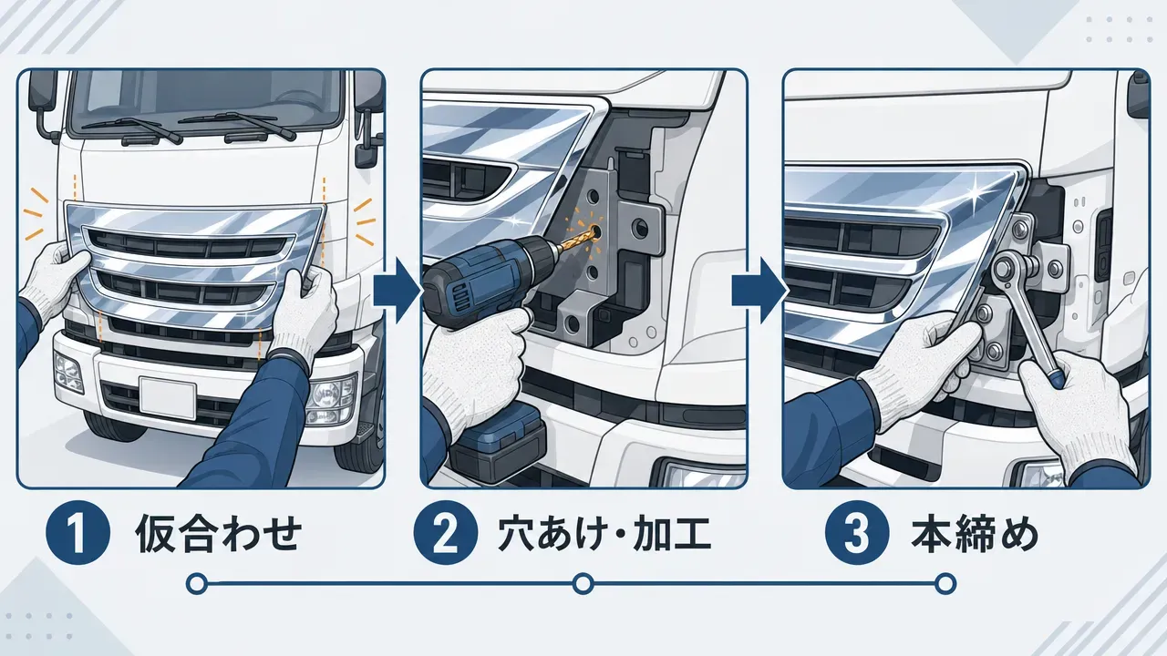 メッキパーツ取付の核心3ステップを左から右へ図解。仮合わせ(グリルを車体に当てて確認)、穴あけ・加工(ドリルで取付穴を加工)、本締め(レンチでボルトを締め付け)の各工程を1枚にまとめたフロー図。