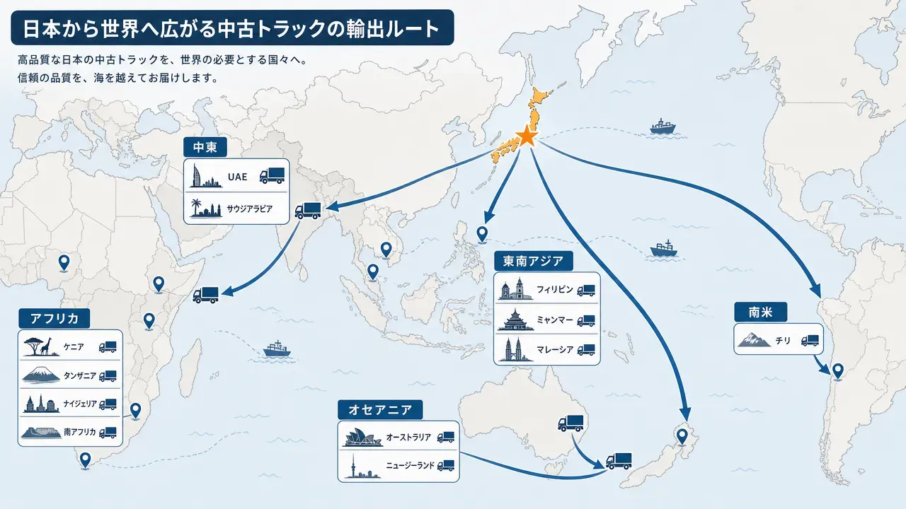 RORO船(左)とコンテナ船(右)の比較図。RORO船ではトラックがランプウェイを自走して船内に乗り入れる。コンテナ船ではトラックがコンテナに積み込まれクレーンで吊り上げられる