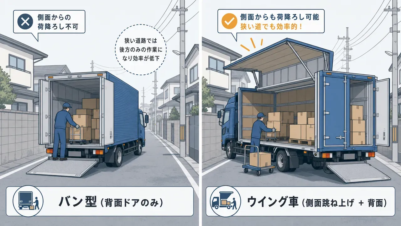 バン型(背面観音ドアのみから積み下ろし)とウイング車(側面跳ね上げ+背面から積み下ろし)の違いを左右で対比した説明イラスト。住宅街の狭い道路での積み下ろしの様子。