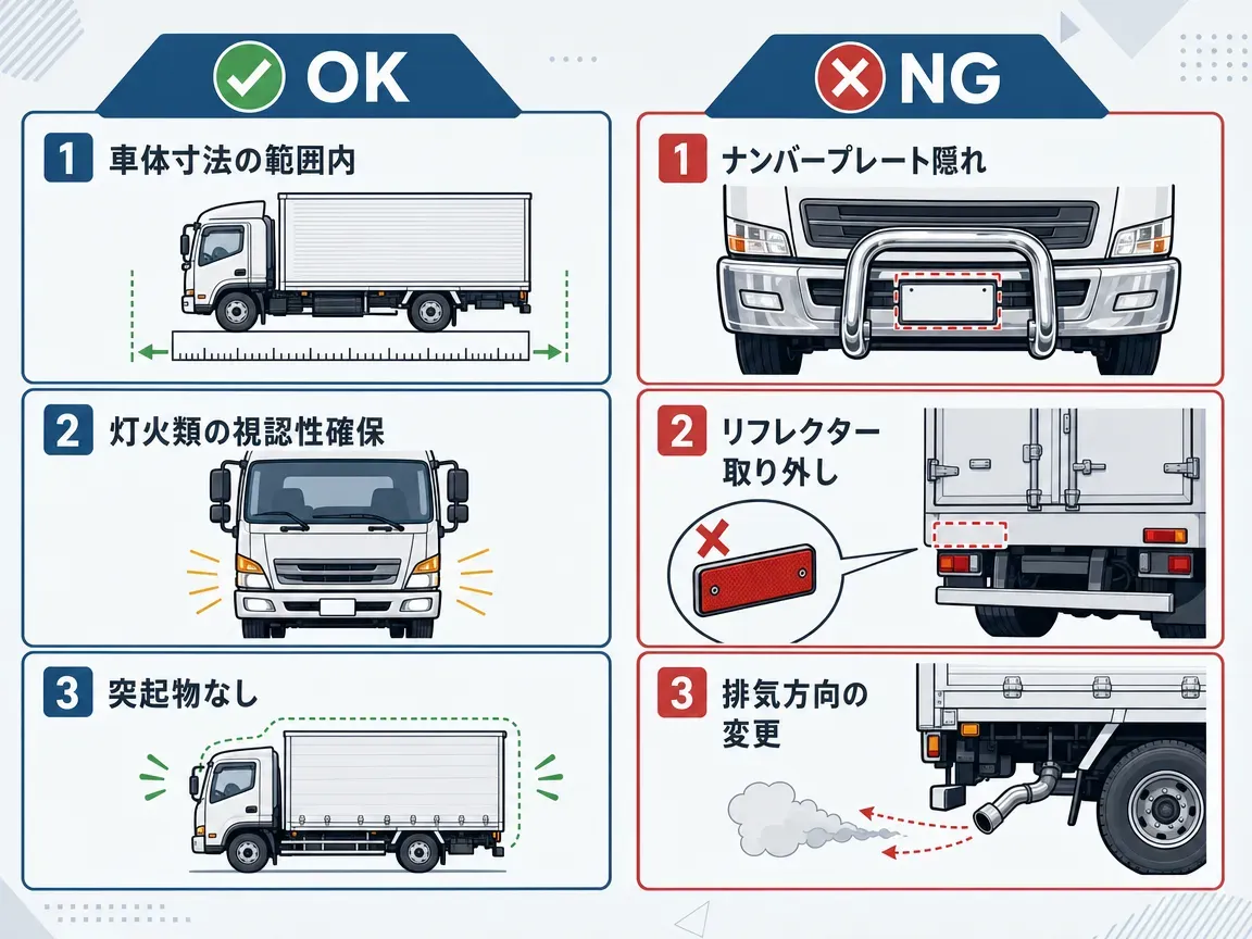 メッキパーツ装着時の車検・保安基準チェックリスト。OK(緑チェック)側に「車体寸法の範囲内」「灯火類の視認性確保」「突起物なし」、NG(赤×)側に「ナンバープレート隠れ」「リフレクター取り外し」「排気方向の変更」を2列で整理。