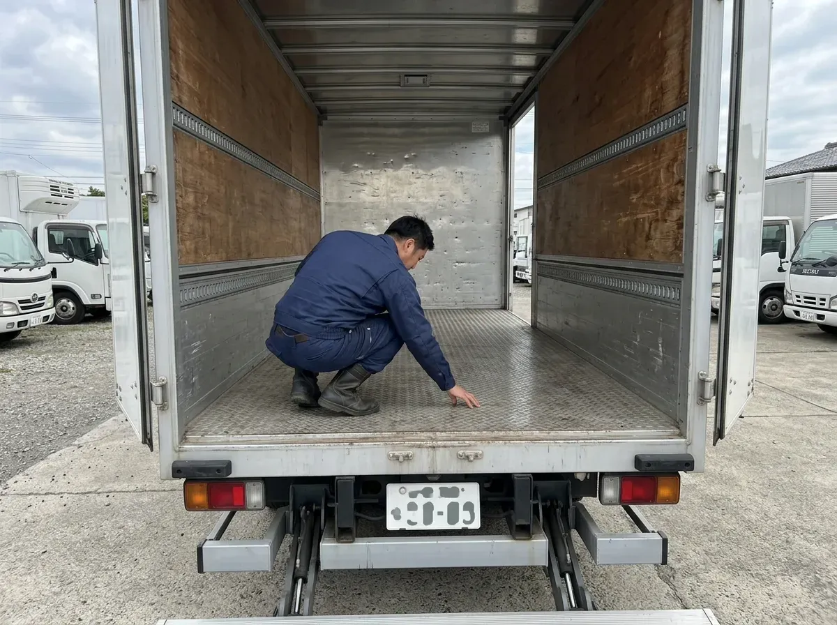 中古トラックの荷台内部を点検する作業風景。アルミバン型トラックの背面観音ドアが開き、作業員が床面の状態を手で確認している。パワーゲートも見える。