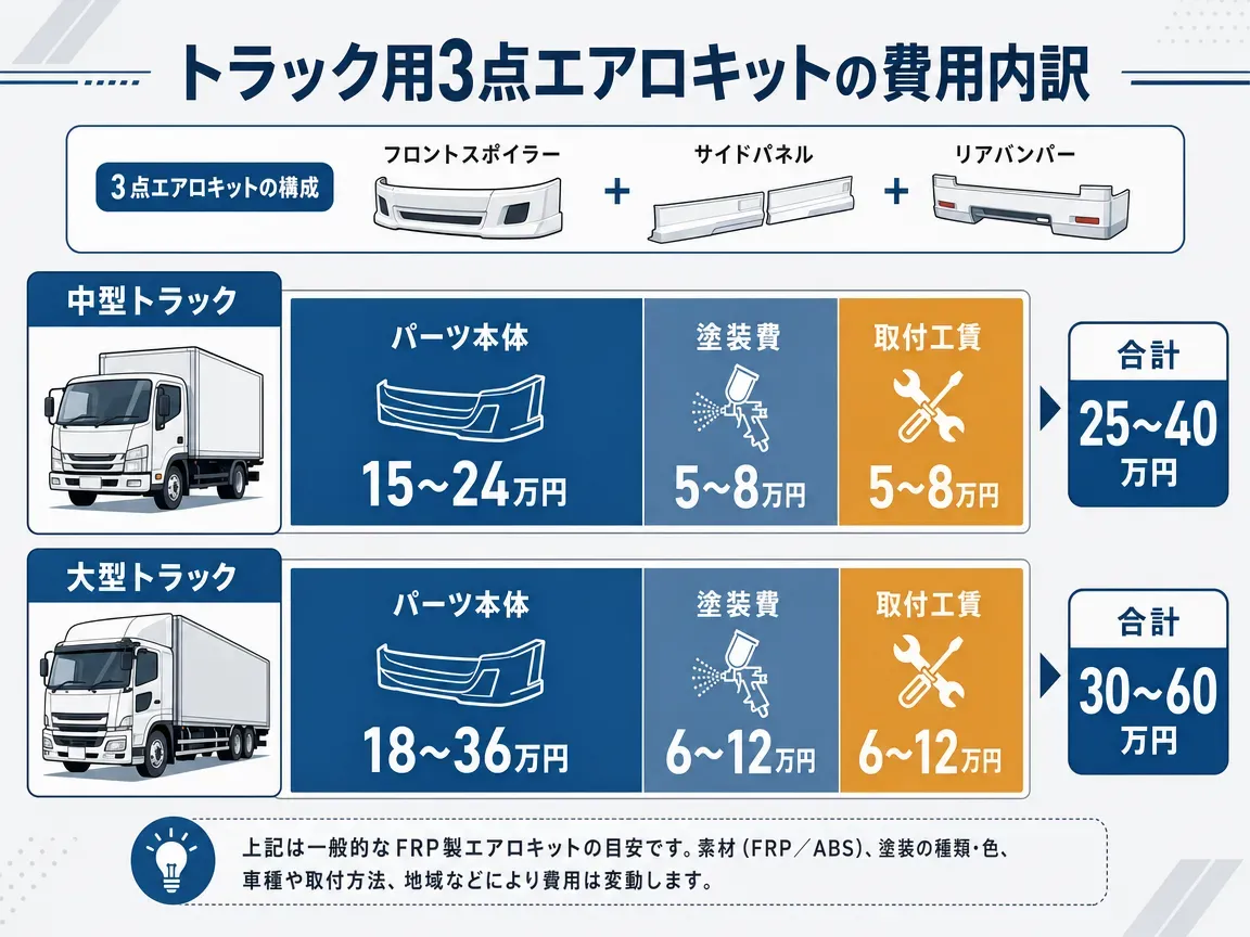 車検適合の寸法許容範囲を示すトラックの説明図。全長+3cm以内、全幅+2cm以内、全高+4cm以内の許容範囲を寸法線で表示。突起物先端は半径2.5mm以上の丸みが必要