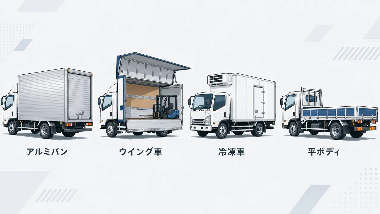 配送業で使われる4種類のボディタイプの比較：左からアルミバン（箱車）、ウイング車（側面跳ね上げ式）、冷凍車（保冷ユニット付き）、平ボディ（フラット荷台）