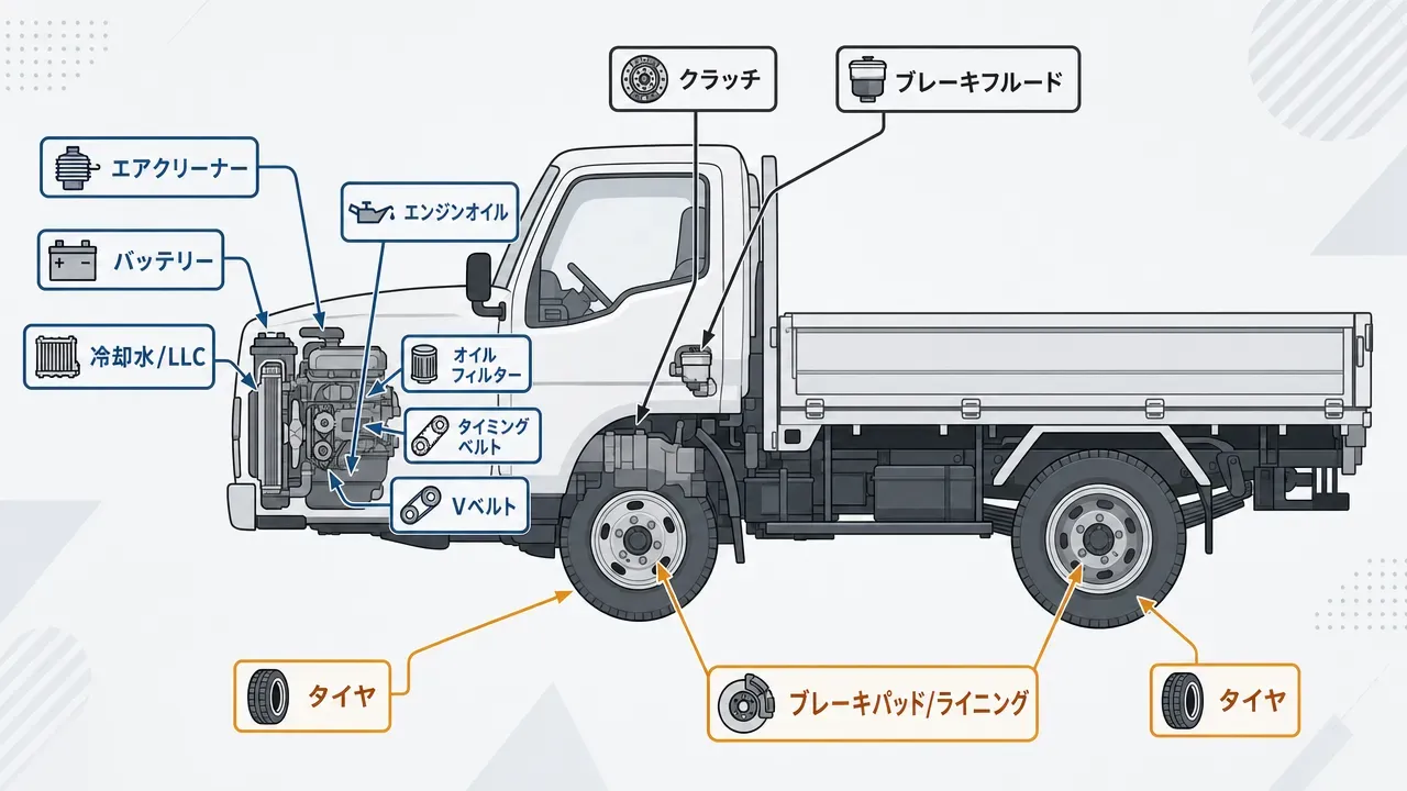 トラックの側面図に主要消耗品の位置を矢印で示した消耗品マップ。エンジンまわり（エンジンオイル、オイルフィルター、タイミングベルト、Vベルト、エアクリーナー、バッテリー、冷却水）、足まわり（タイヤ、ブレーキパッド/ライニング）、運転席まわり（クラッチ、ブレーキフルード）の位置関係を色分けで表示