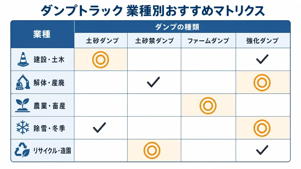 ダンプトラックの断面図。運転席、シャシ、油圧シリンダー（ホイスト）、荷台（ベッセル）、ゲート（アオリ）、ヒンジ、PTOの位置関係を示す構造説明イラスト