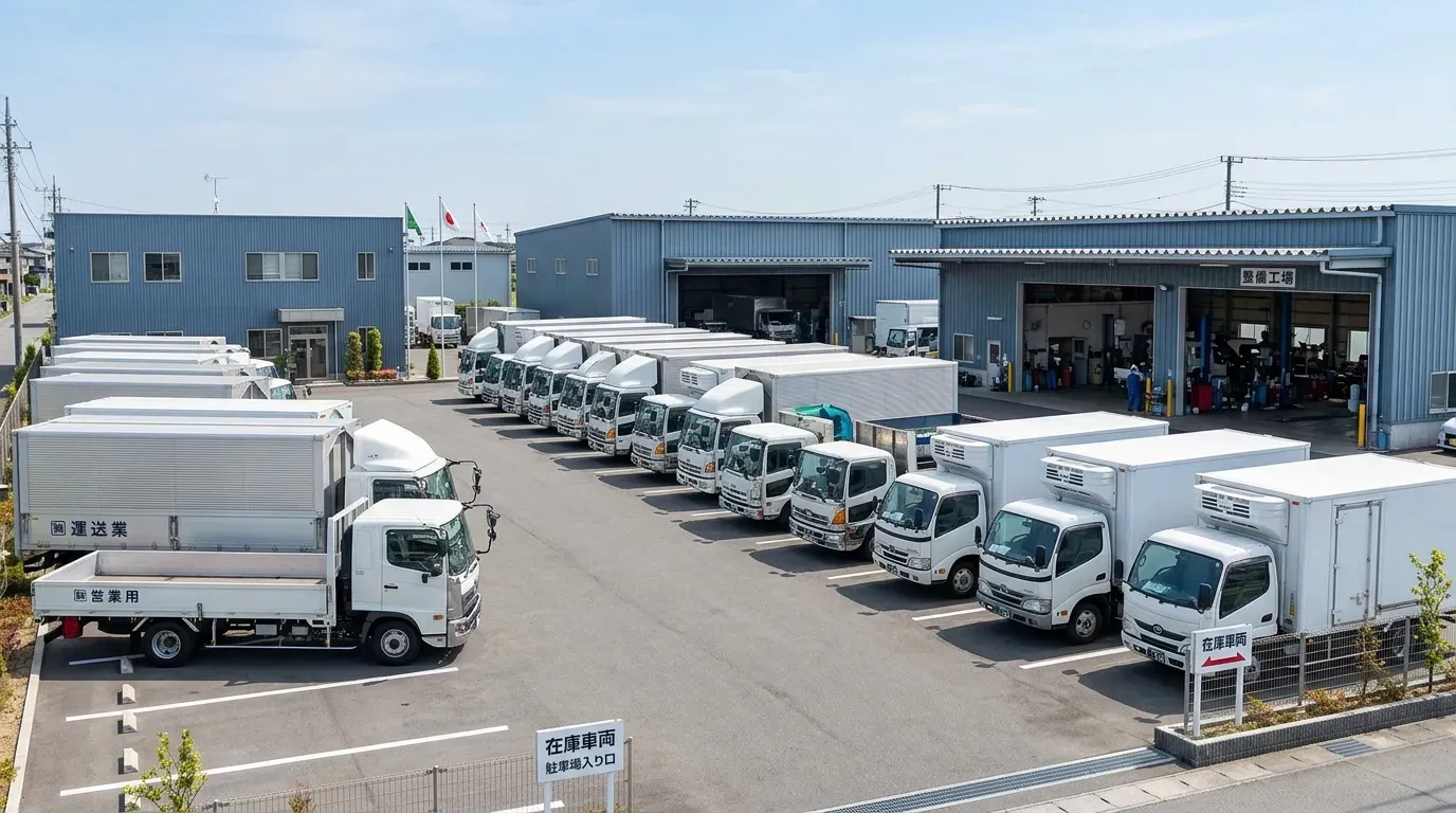 中古トラック専門店のヤードに整然と並ぶウイング車・平ボディ・冷凍車など多様な中古トラック