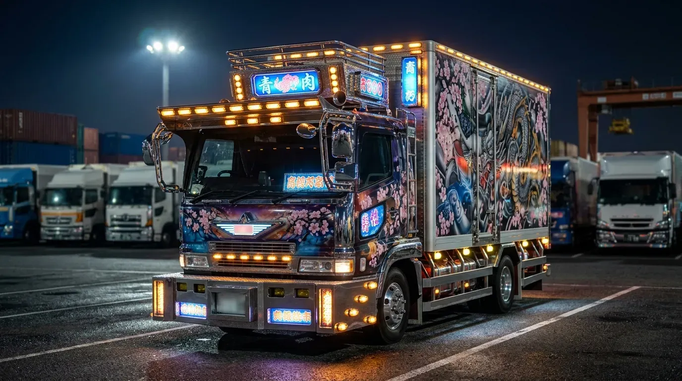 夜間に停車した4トンデコトラ。龍と桜の細密ペイント、大型メッキフロントバンパー、キャブ上部のバイザー、多数のマーカーランプと青色に光る行灯が点灯し、磨き込まれたステンレスパーツが輝く姿