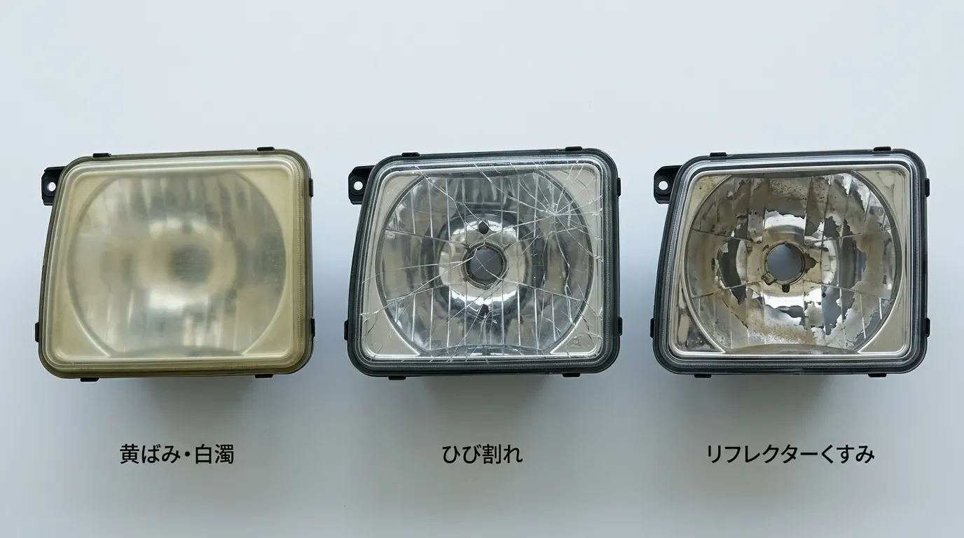 トラック用ヘッドライトの劣化サイン3パターン比較。左から「黄ばみ・白濁」「ひび割れ」「リフレクターくすみ」の症例写真
