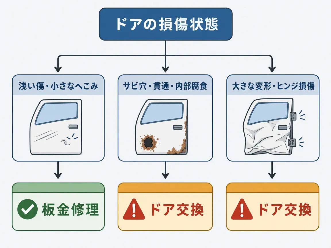 トラックのドア各部名称と劣化箇所の図解。アウターパネル、ヒンジ、ウェザーストリップ、ドアガラス、ドアノブ、水抜き穴を表示し、サビ・ガタ・硬化の発生箇所をハイライト
