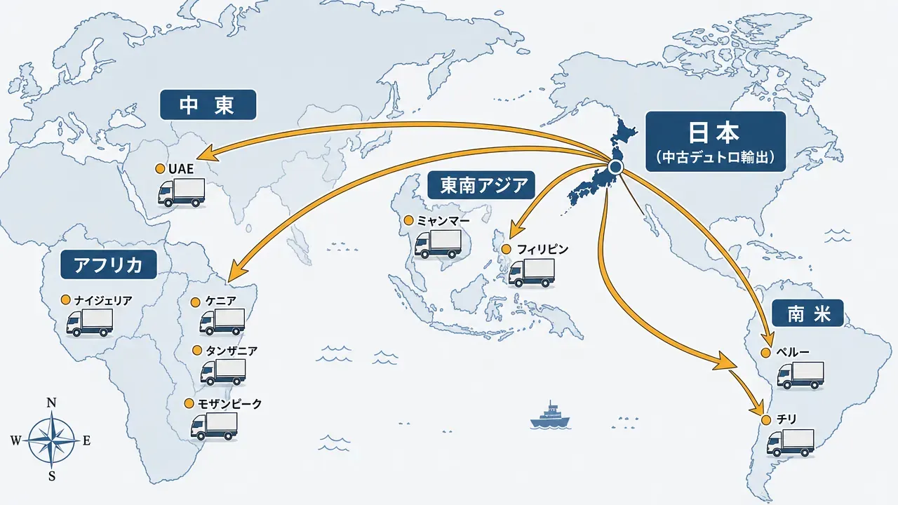 日本から東南アジア・アフリカ・中東・南米への中古デュトロ輸出フロー概念図