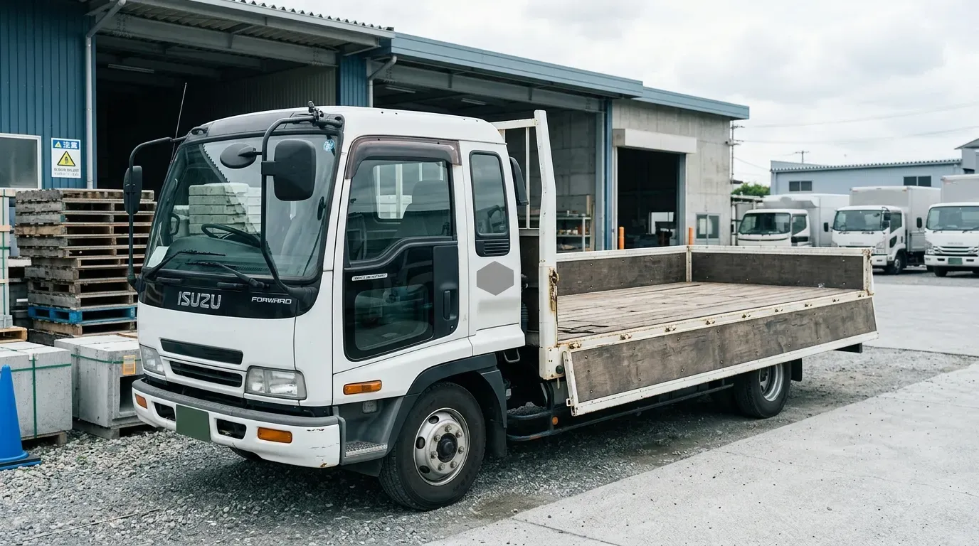 平ボディトラックの全景。開放されたフラットな荷台とアオリ（開閉式の囲い）が見える。物流ヤードまたは建設資材置き場に駐車した実務的な情景。