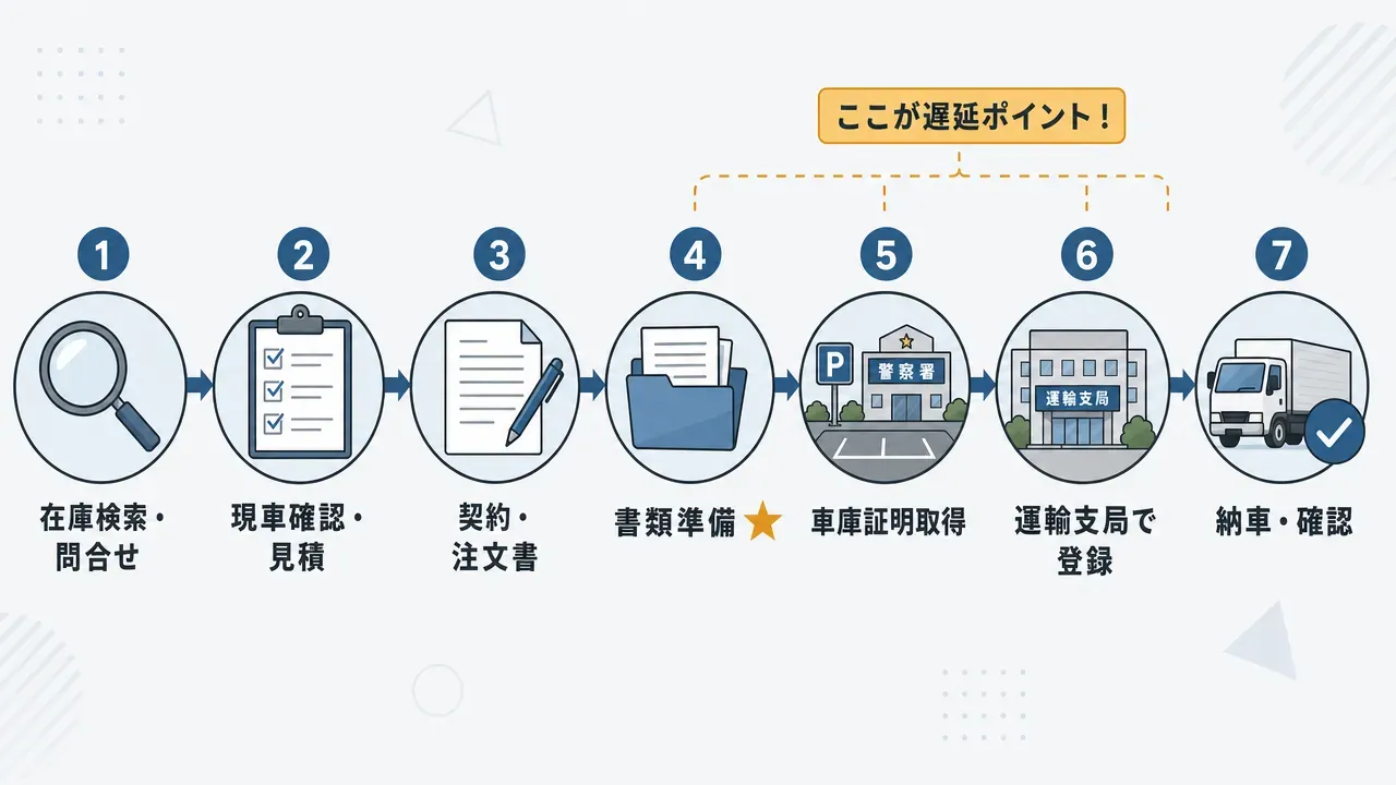中古トラック購入の7ステップの全体フロー図。在庫検索・問合せから現車確認・見積、契約・注文書、書類準備、車庫証明取得、運輸支局での登録、納車・確認までの一連の流れを矢印で示した図。ステップ4〜6が遅延ポイントとして強調されている