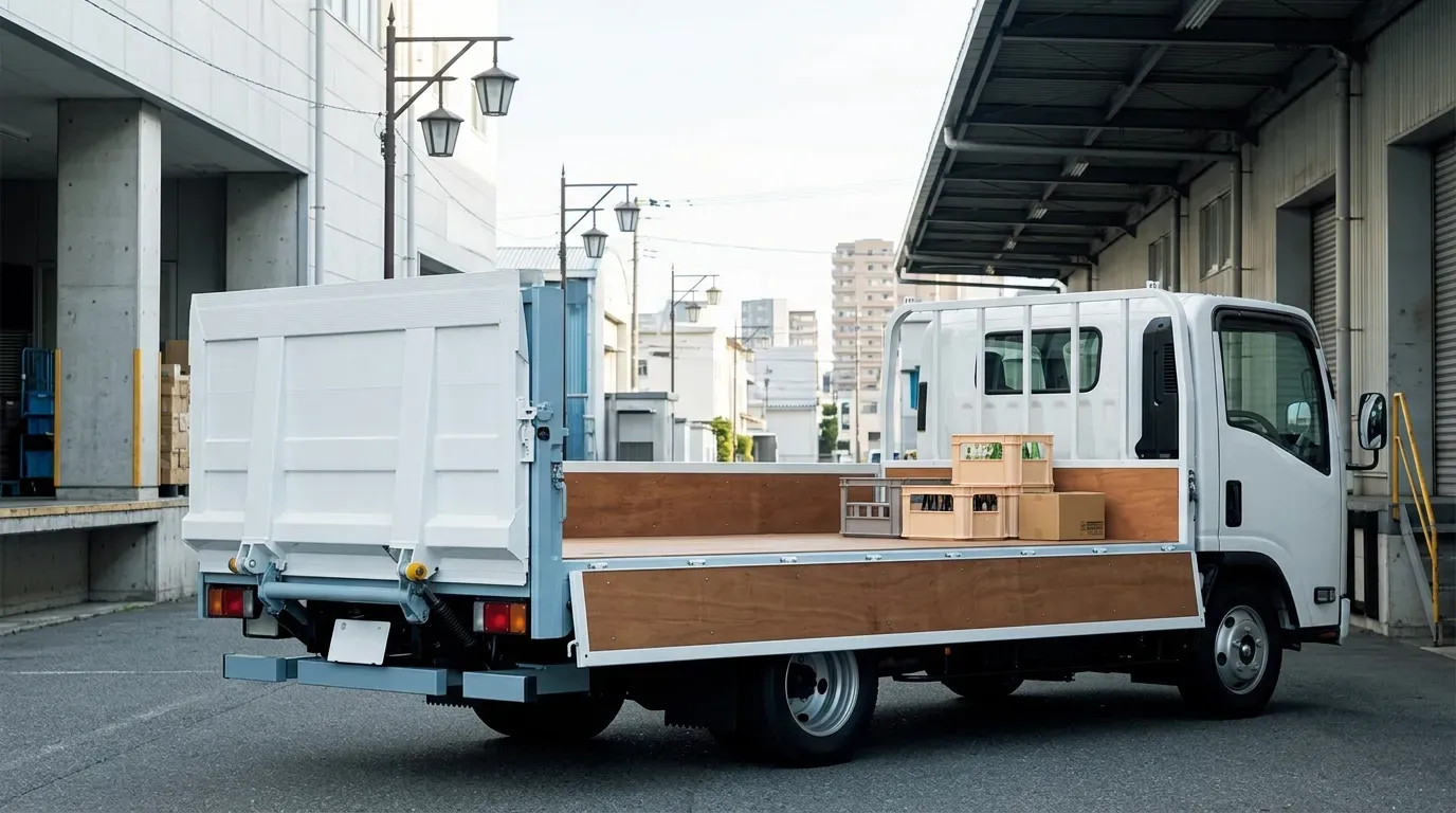 パワーゲートを装備した2t平ボディトラック。酒販ルート配送の主力車両として物流ヤードに駐車している様子。