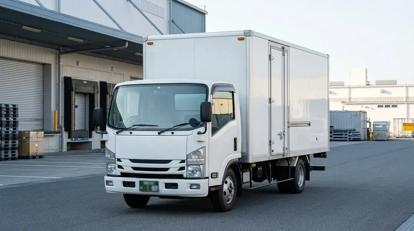 物流倉庫の敷地に停められた4t箱型トラック。白ナンバー、実用的でよく整備された車両。減価償却や税金の対象となる商用車の実例。