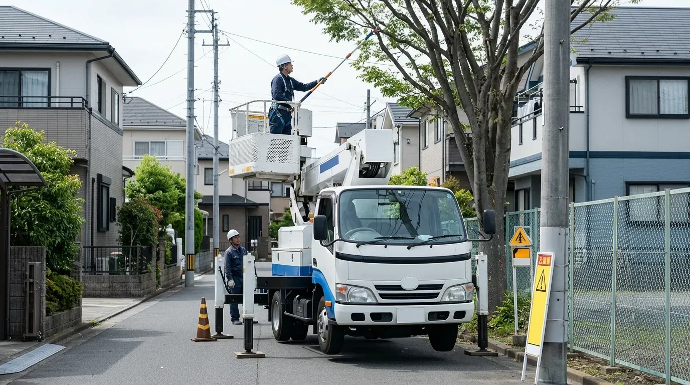 住宅街の道路沿いでトラック式高所作業車を使った街路樹剪定の実作業風景。アウトリガーを張り出し、バスケット上の作業員が枝を剪定している。