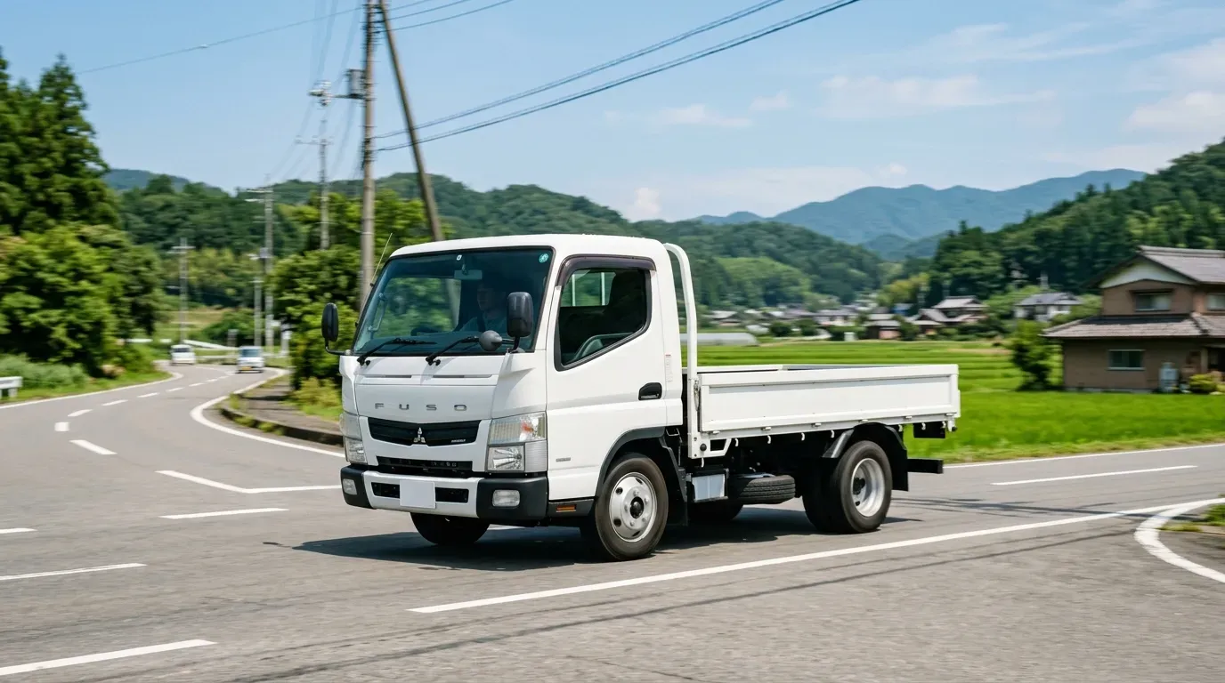 三菱ふそうキャンター（8代目後期型）の走行イメージ。日本の郊外道路を走る白い小型トラックの側面アングル。