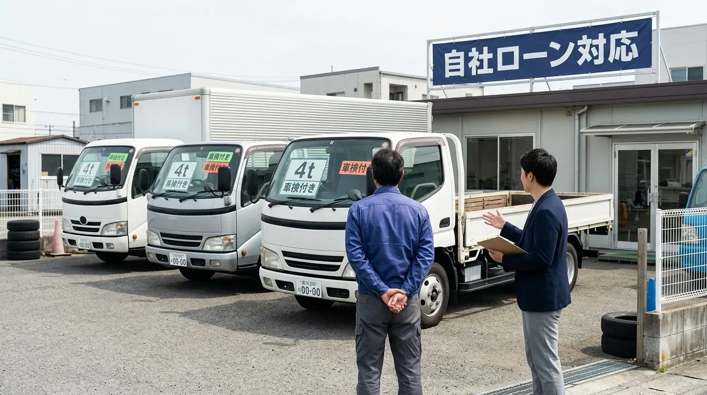 「自社ローン対応」の表示がある中古トラック販売店の店頭。事業者が販売店スタッフとともにトラックを確認している情景