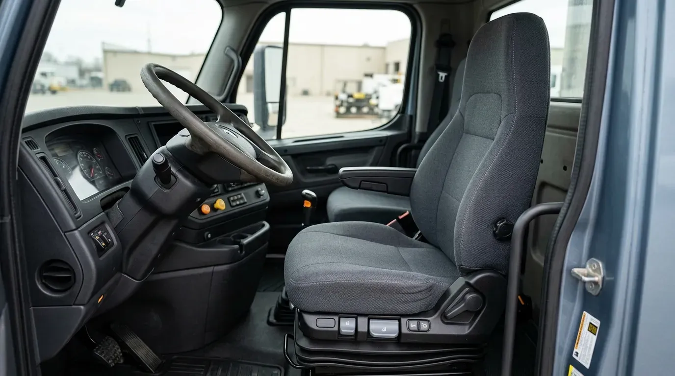 大型トラックの運転席シート（エアサスペンションシート）。清潔なキャブ内に設置されたドライバーシートの全景