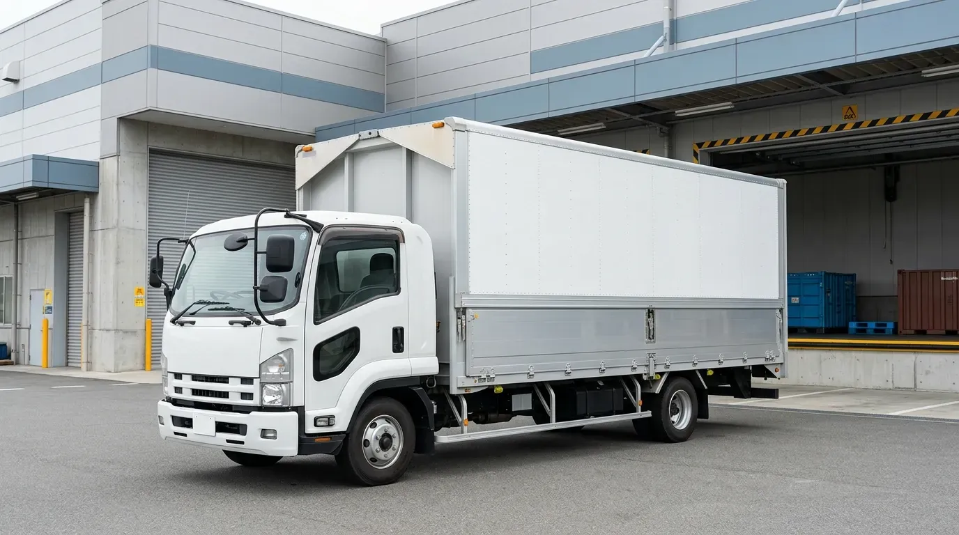 物流倉庫前に停車する白いすゞフォワード ウィング車。中型トラックの実務的な情景