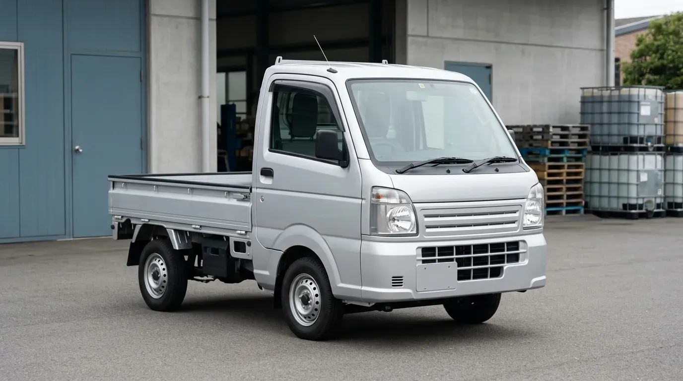 事業用の軽トラック。減価償却の対象となる車両運搬具の例。白い軽トラックが物流倉庫前の整然とした敷地に駐車している