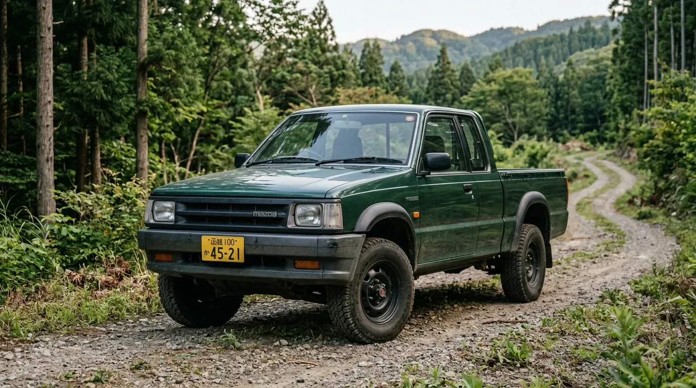 マツダ プロシード キャブプラス（1990年代の国産ピックアップトラック）。林道に佇む無骨な姿。はしご形フレームと4WDの本格感が伝わるフロント3/4アングル