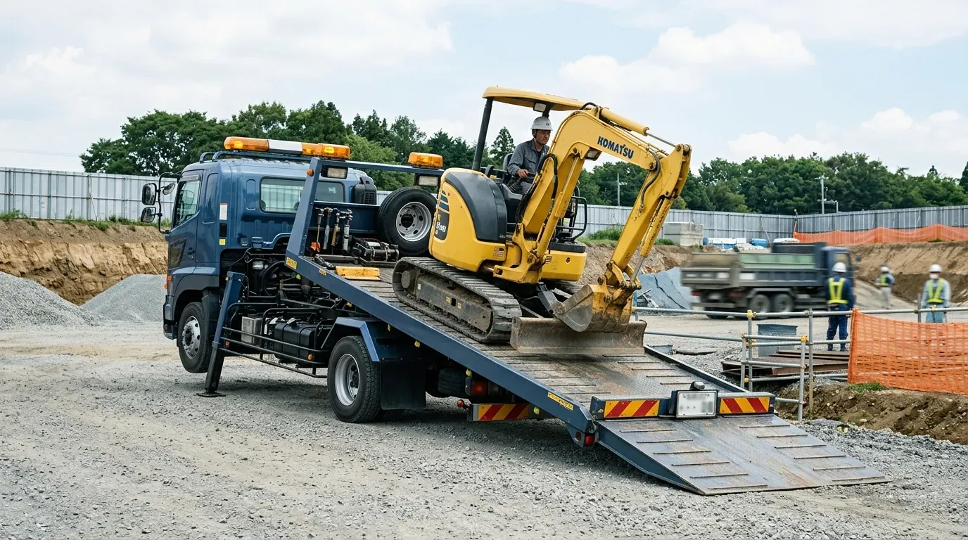 セルフローダーが荷台を傾斜させ、油圧ショベル（バックホー）を自走で積み込む様子。あゆみ板が展開され、ハイジャッキで前方が持ち上がっている