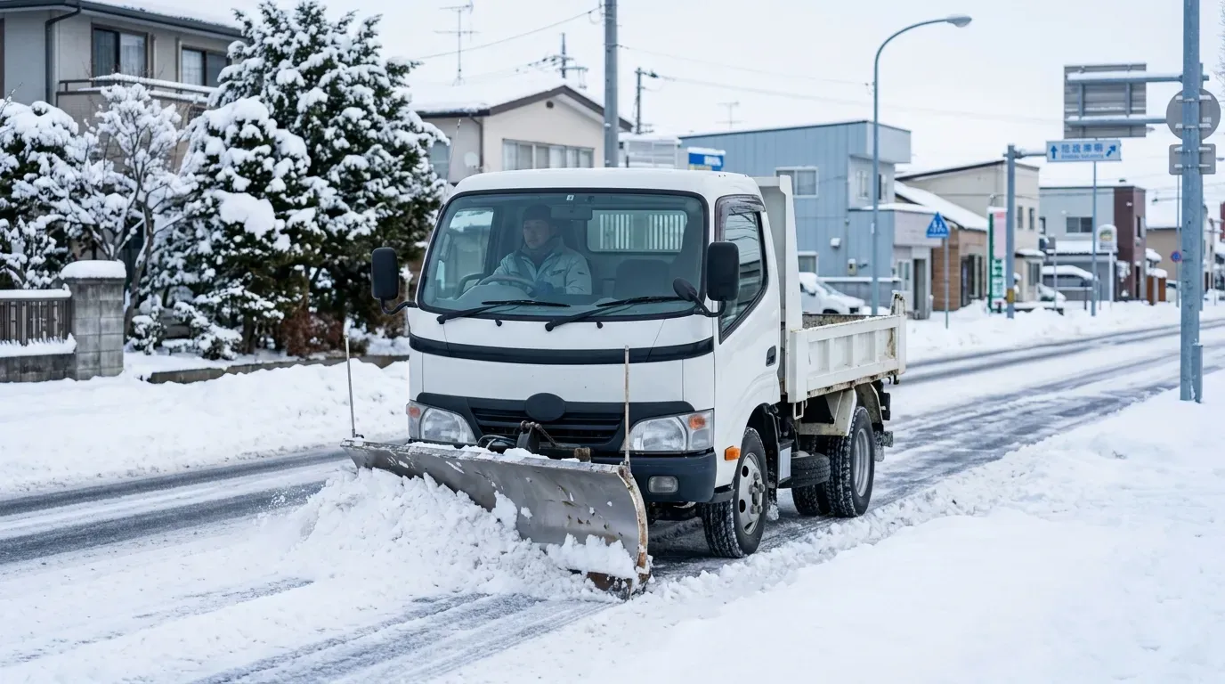 積雪した郊外の道路でスノープラウを装着した除雪ダンプトラックが新雪を押しのけながら除雪作業を行う様子。冬の昼光、実用的な視点で捉えた情景写真。