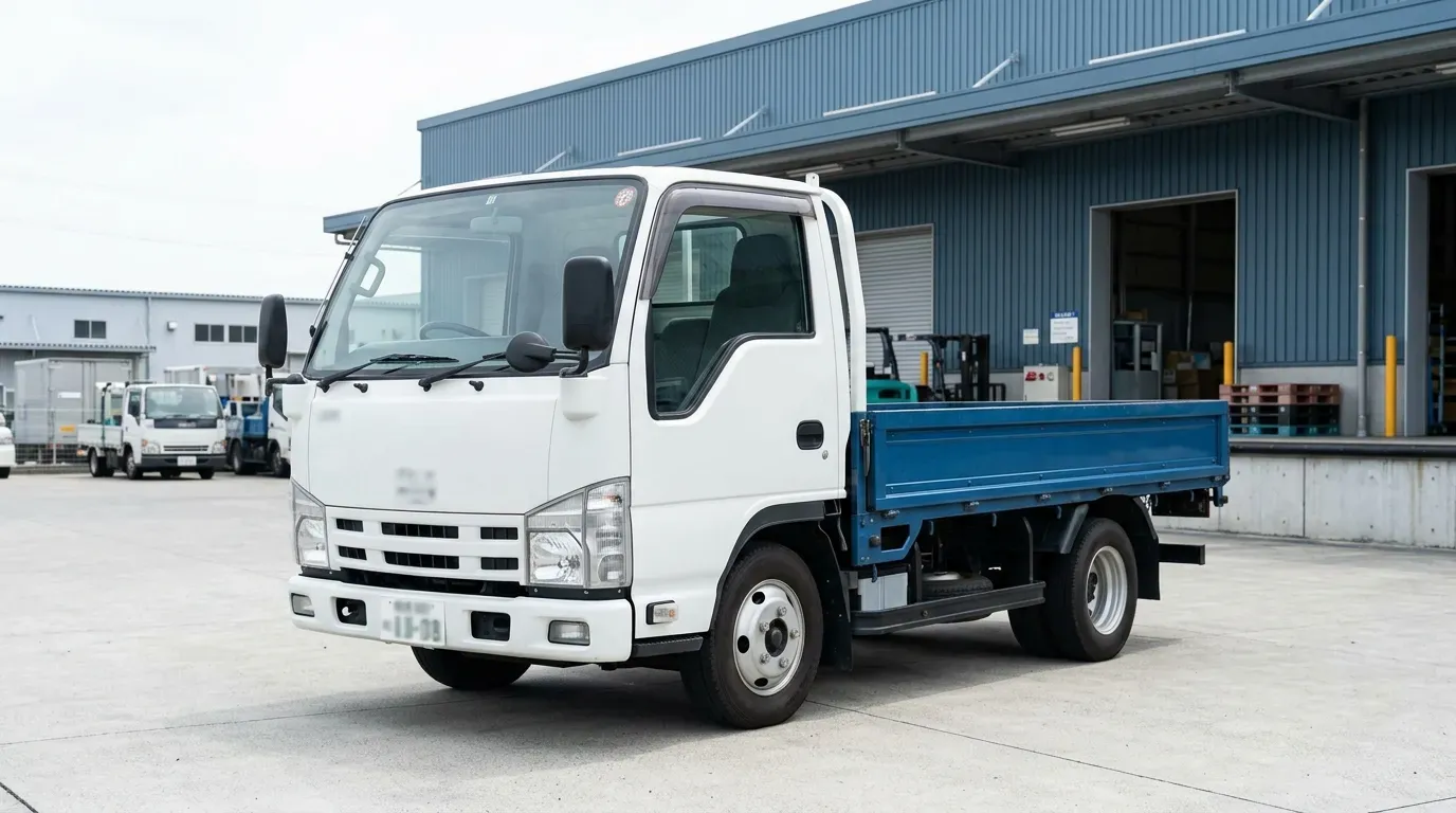 物流倉庫の前に停まる中古のマツダ タイタン（平ボディ・2トンクラス）。自然光の下、実務的な作業現場の情景。