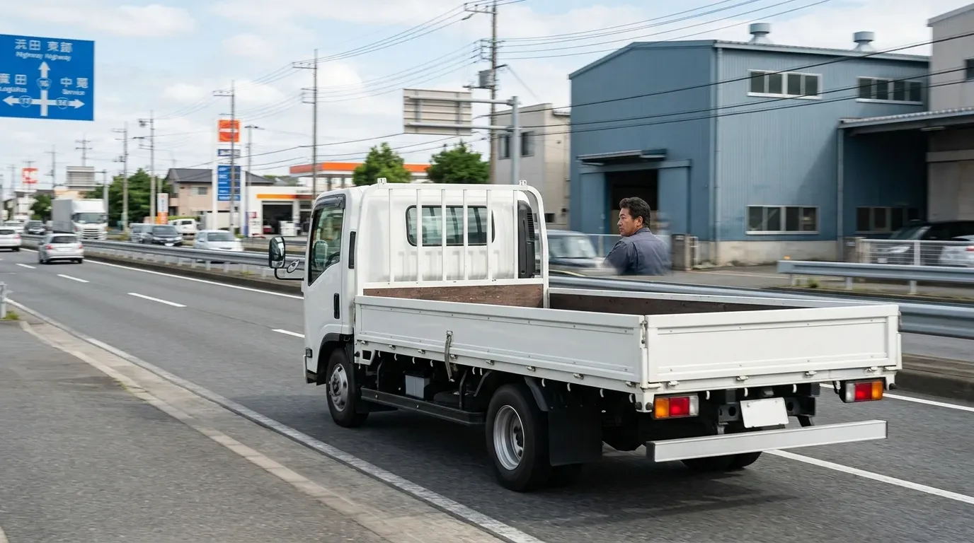 日本の郊外を走る清潔な中型トラック。事業用トラック購入を検討する経営者の視点を想起させる情景写真。