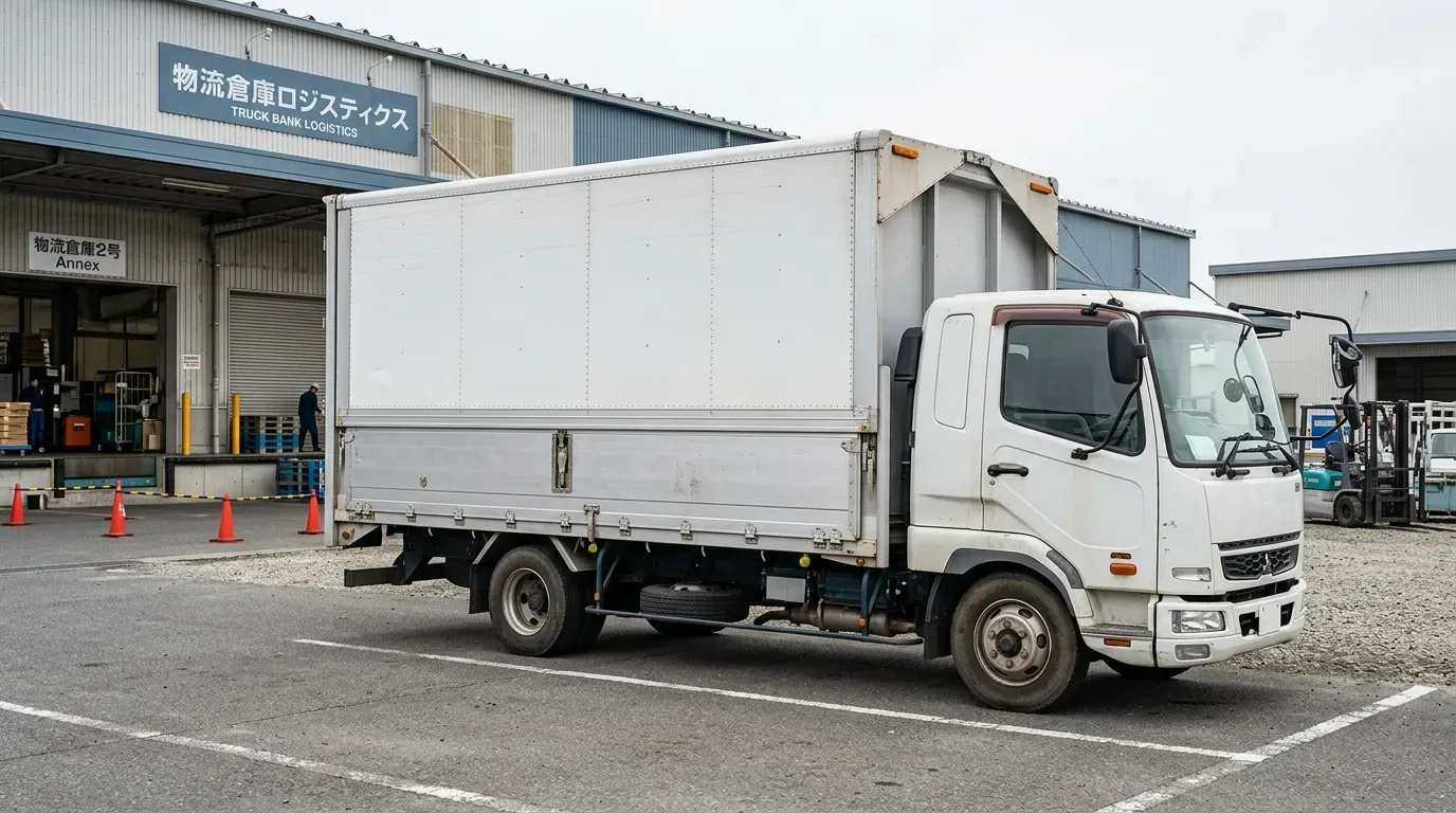 物流倉庫前に停車する中古の4tウイングトラック。業務使用感のある整備された実働車両