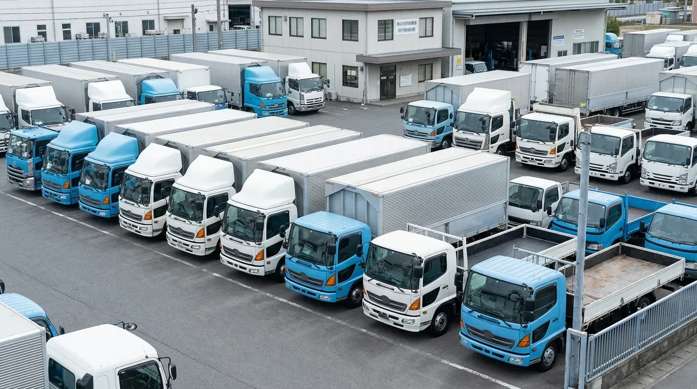 整然と並ぶ中古トラックの販売店ヤード風景。白や青のボディのトラックが広い敷地に整備された状態で並び、中古トラック市場の規模感を伝える。