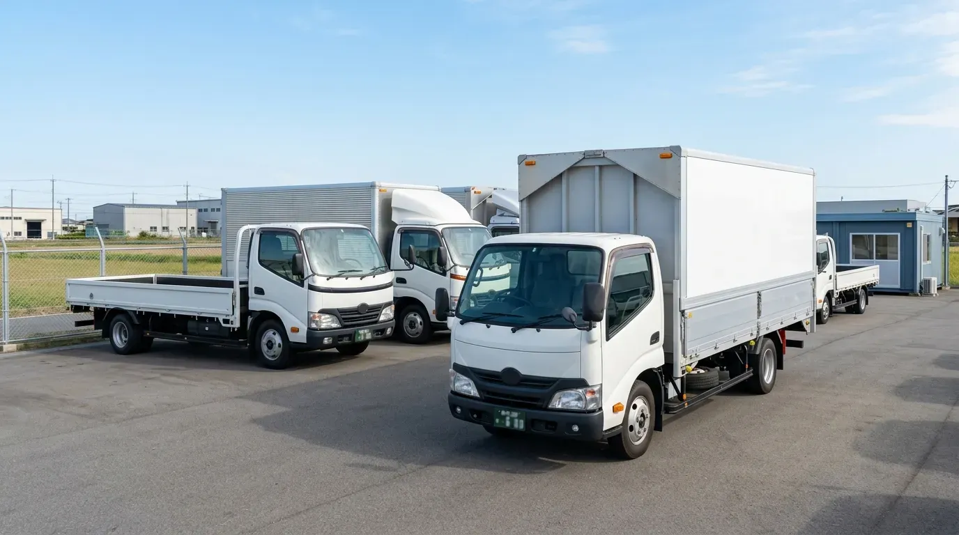 中古トラックヤードに並ぶ在庫車両