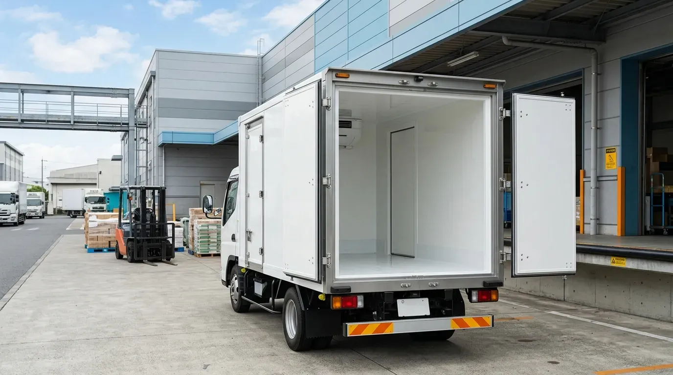白い断熱ボディの冷凍トラックが物流センターの荷捌き場に停車している様子。後方観音扉が開き、庫内の白い断熱内壁が見える。