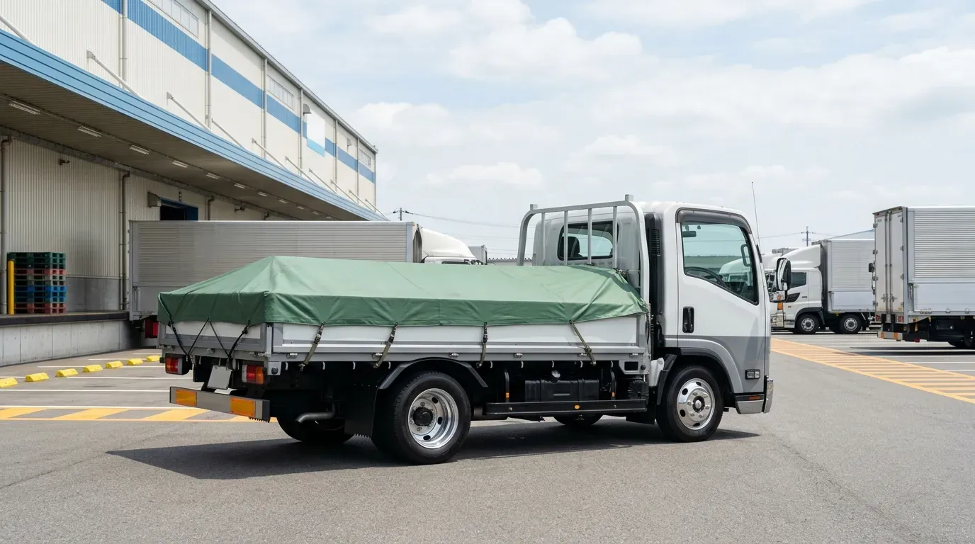 合法的にカスタムされた中型トラック（4tクラス）。アルミホイール、規定色LEDテールランプ、幌を備え、物流ヤードに駐車している。