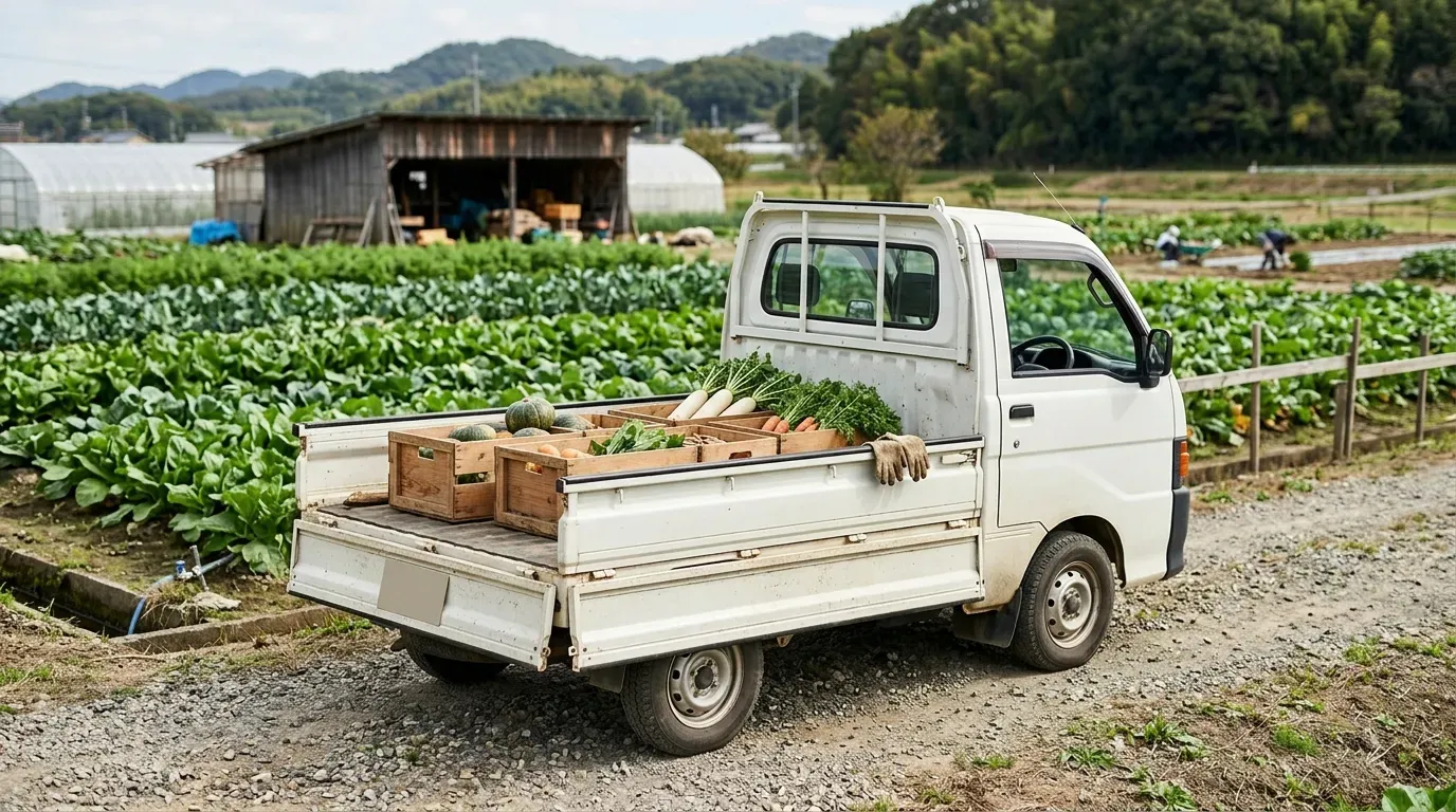 農地のそばに停められた軽トラック。荷台に収穫物の木箱を積み、農業・個人事業での実用シーンを表す風景写真。