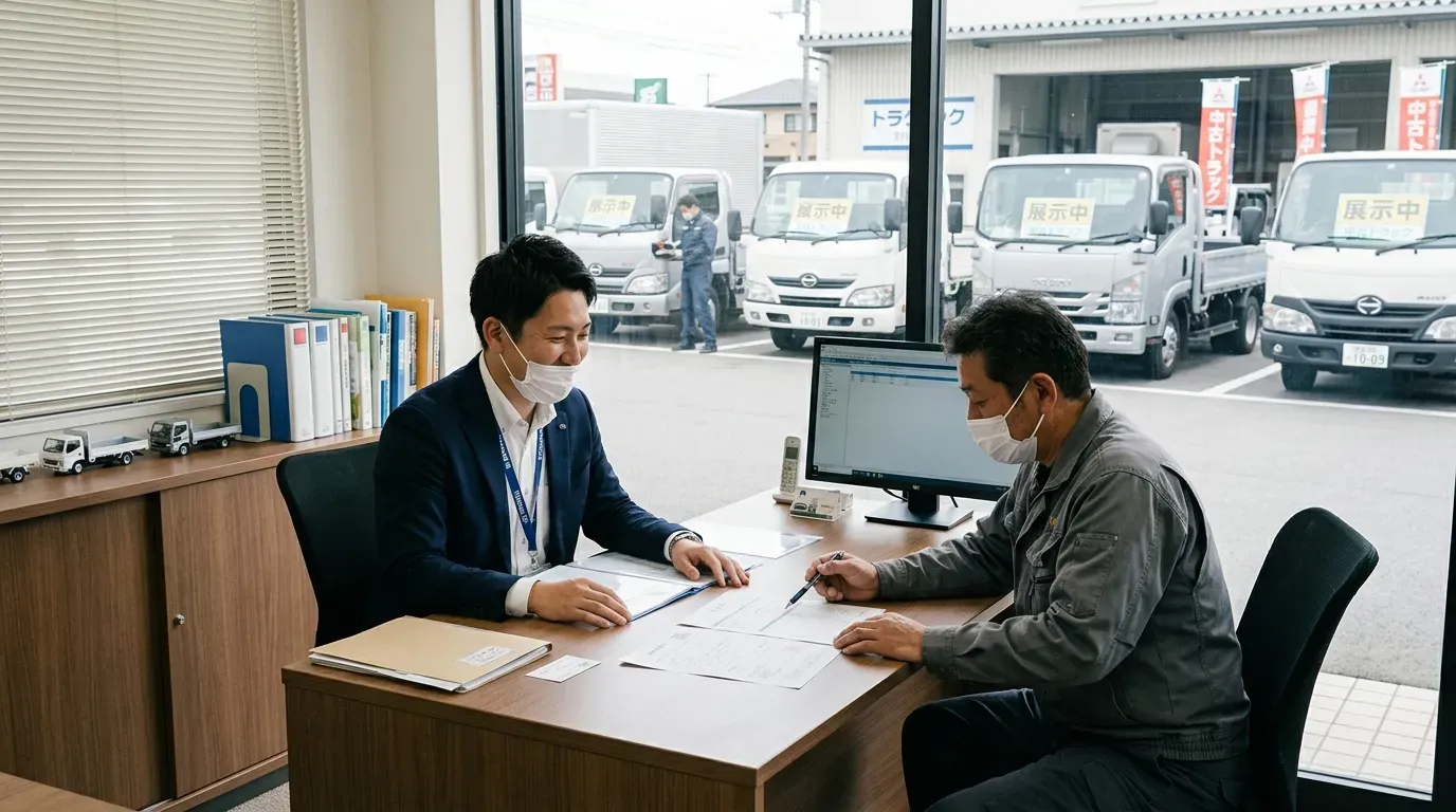 中古トラック販売店の店内で、営業担当者が顧客と見積書を確認しながら資金計画について相談している情景。背景には小型から中型の中古トラックが展示されている。
