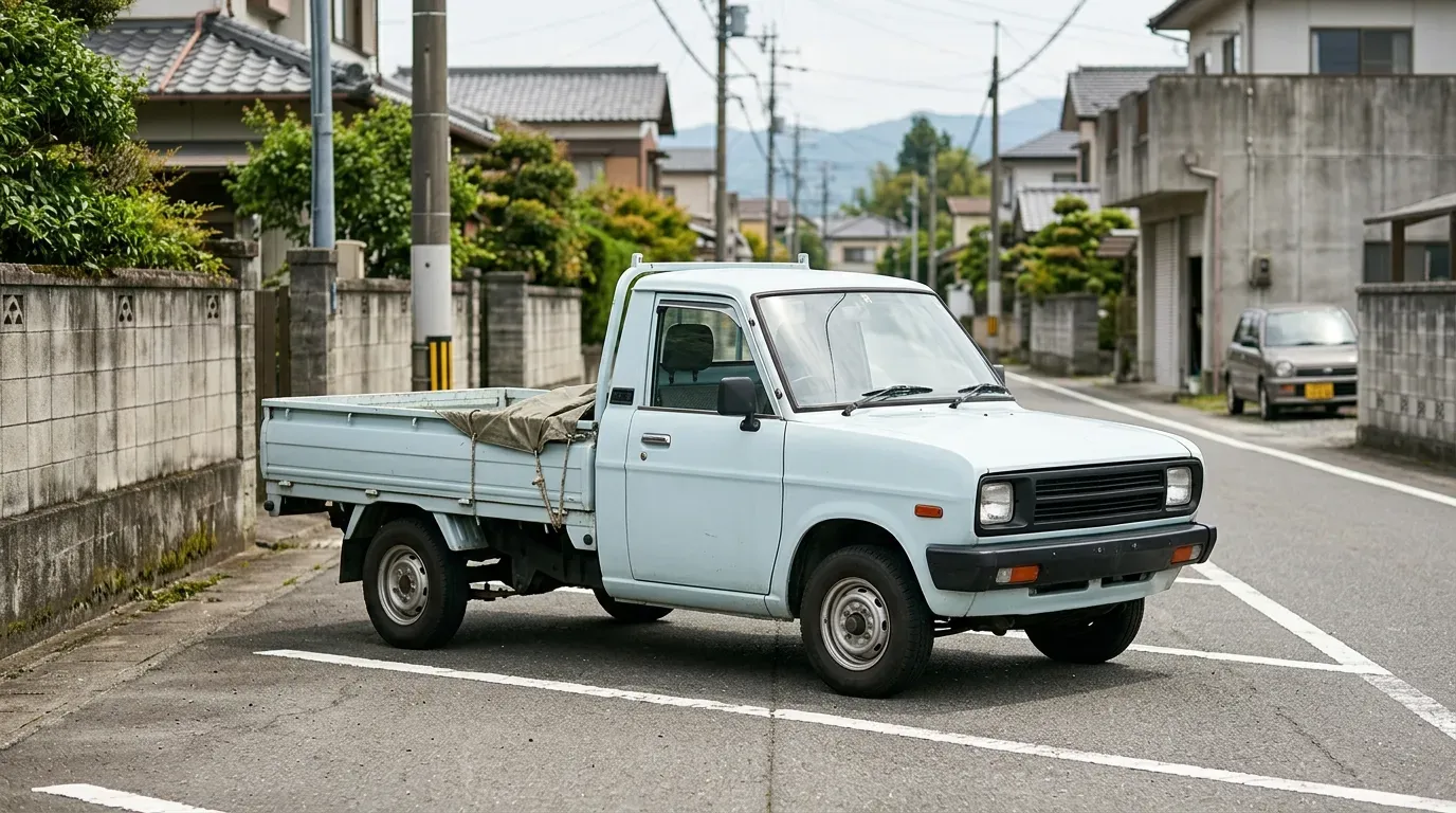 後期型サニートラック B120型（1989-1994年式）。角形2灯ヘッドランプを備えた小型ピックアップトラック。郊外の道路に停車した実用的な佇まい。軽量コンパクトなボディとフラットな荷台が特徴。